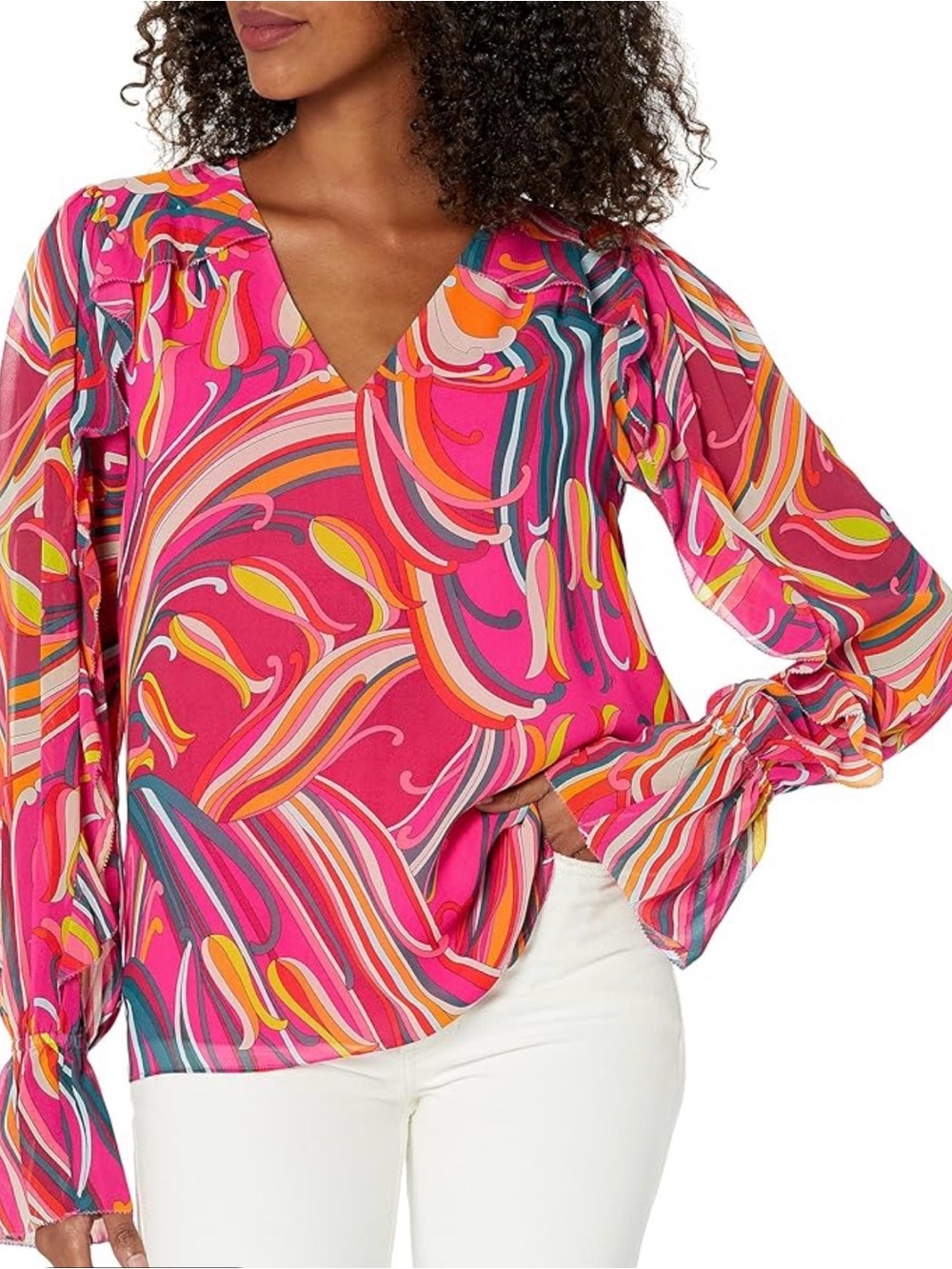 Trina Turk *New* Long Sleeve Hot Pink Chiffon V-Neck Blouse w/Ruffles. Size S